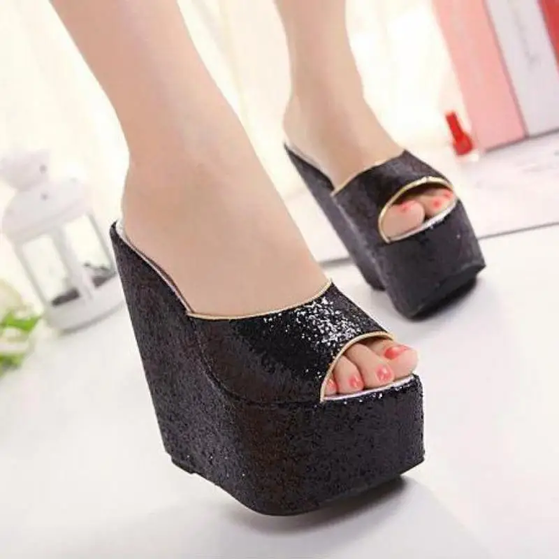 Сандалии женские на высоком каблуке 16 см с блестками и открытым носком - купить по