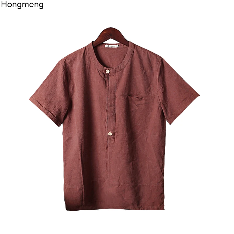 Рубашка мужская с круглым вырезом лен и хлопок короткий рукав повседневная 10
