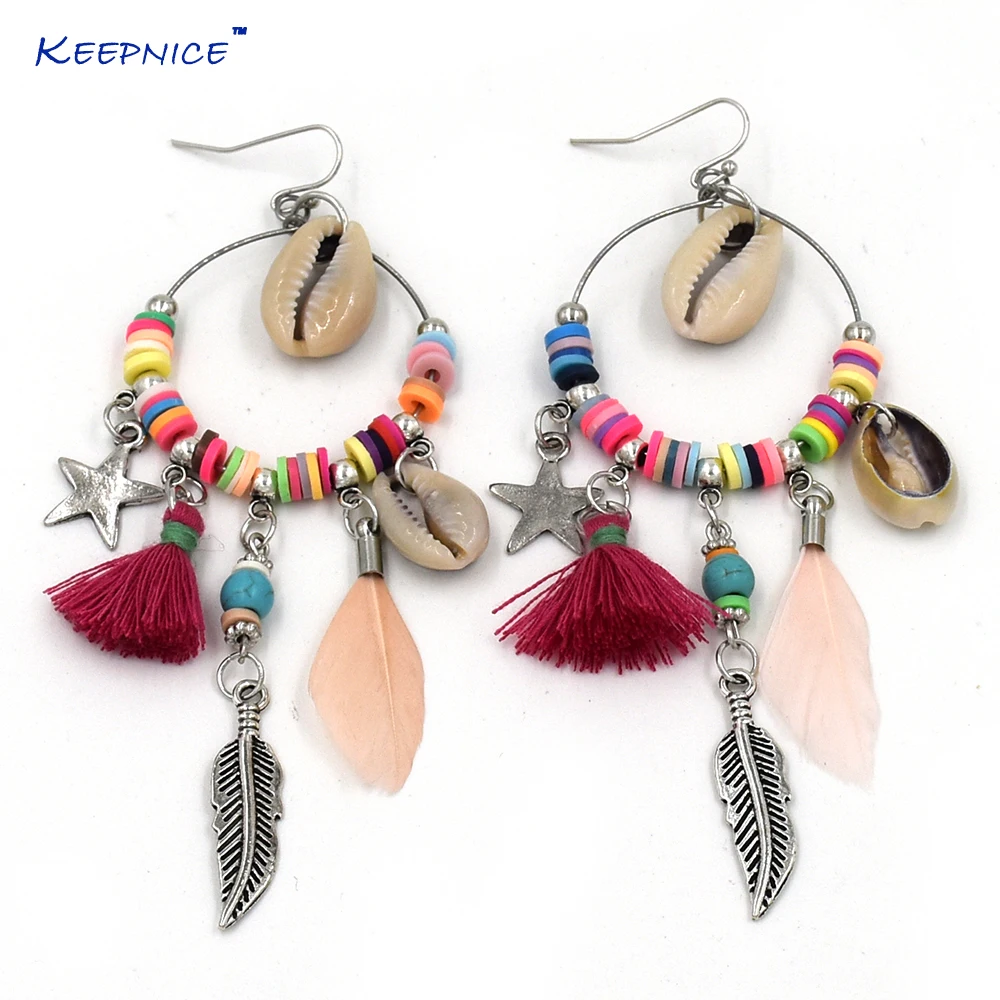 

New handmade Long fringe feather tassel charm earrings Bohemia boho party earrings shell pendants chandelier Gypsy earrings
