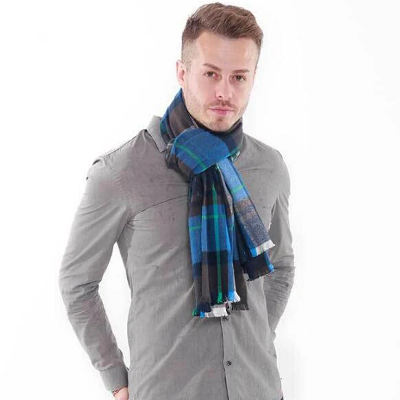Мужской шерстяной шарф FS темно-синий теплый кашемировый в шотландскую клетку
