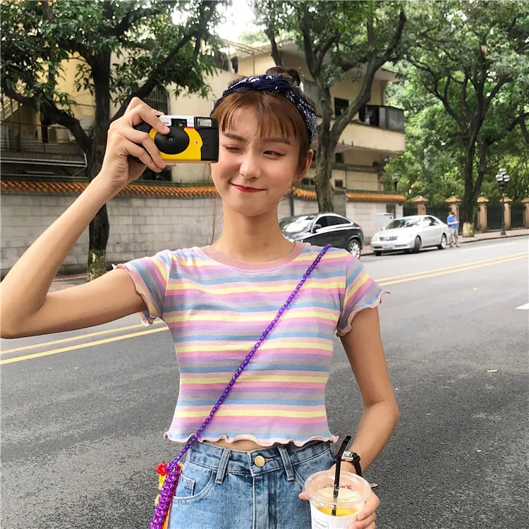 YouGeMan Camiseta Mujer 2020 Летняя женская футболка Корейская Ulzzang Harajuku Радужная полосатая