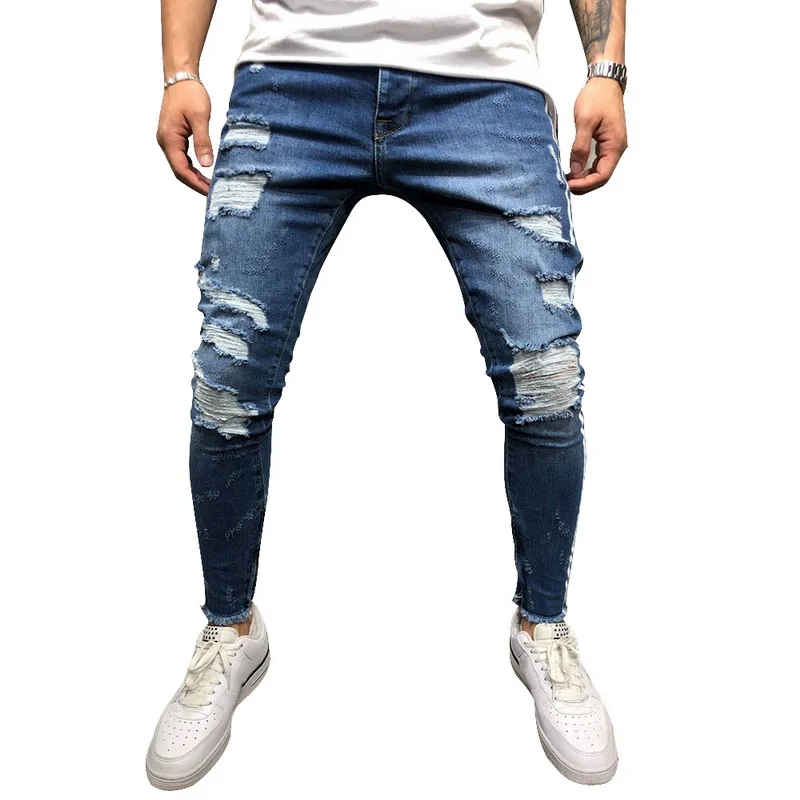 Blue Новые модные рваные джинсы Hombre, однотонные полосатые уличные мужские прямые Стрейчевые мужские джинсы-карандаш, тонкие повседневные джинсы - Цвет: Blue