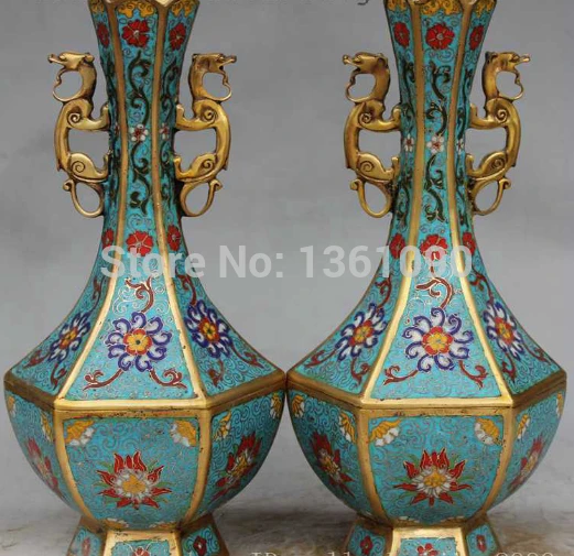 

xd 00877 Chinese Palace Cloisonne Enamel Bronze Gild Dragon Unicorn Statue Pot Vase Pair
