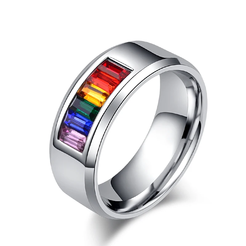 

JHSL Unisex Women Men Solid Colorful Cubic Zirconia Rainbow Rings Stainless Steel Fashion Jewelry Big Size 5 6 7 8 9 10 11 12