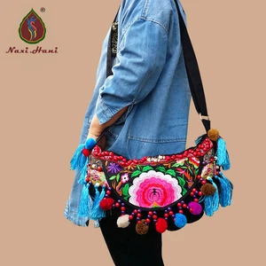 Популярные оригинальные дизайнерские женские сумки через плечо с вышивкой и кисточками, этнические черные холщовые винтажные дорожные сумки-Кроссбоди ручной работы с помпонами