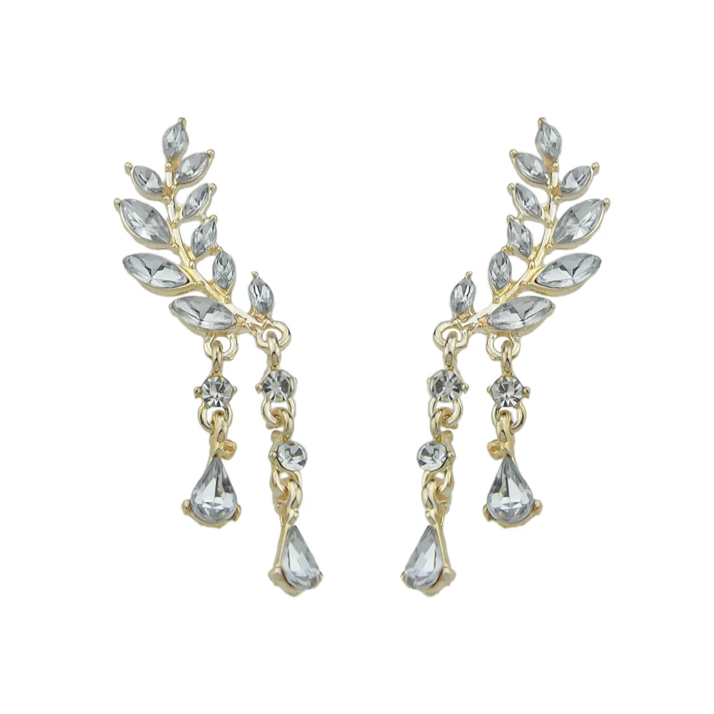 Kayshine Gold-Color Silver Color Rhinestone Leaf Branches With Double Water Drop Chain Earrings For Women Accessories | Украшения и