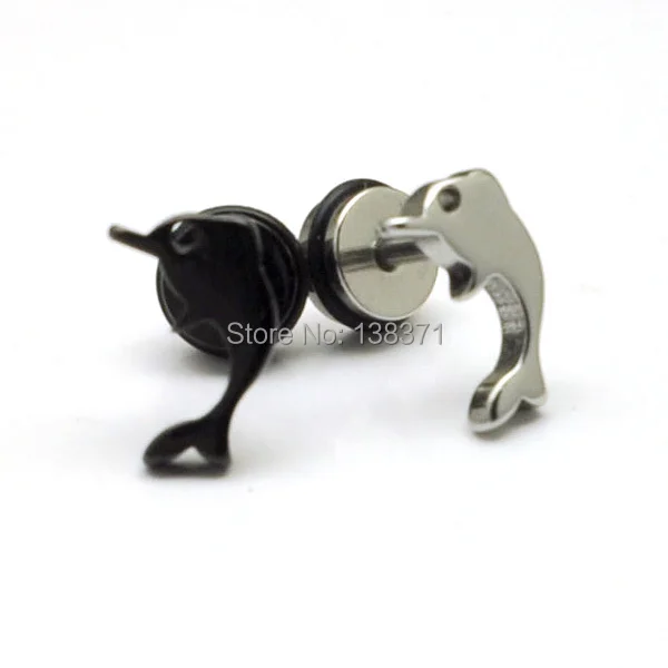 

Lovely Dolphin White Black titanium steel Women Men screw stud earrings no fade