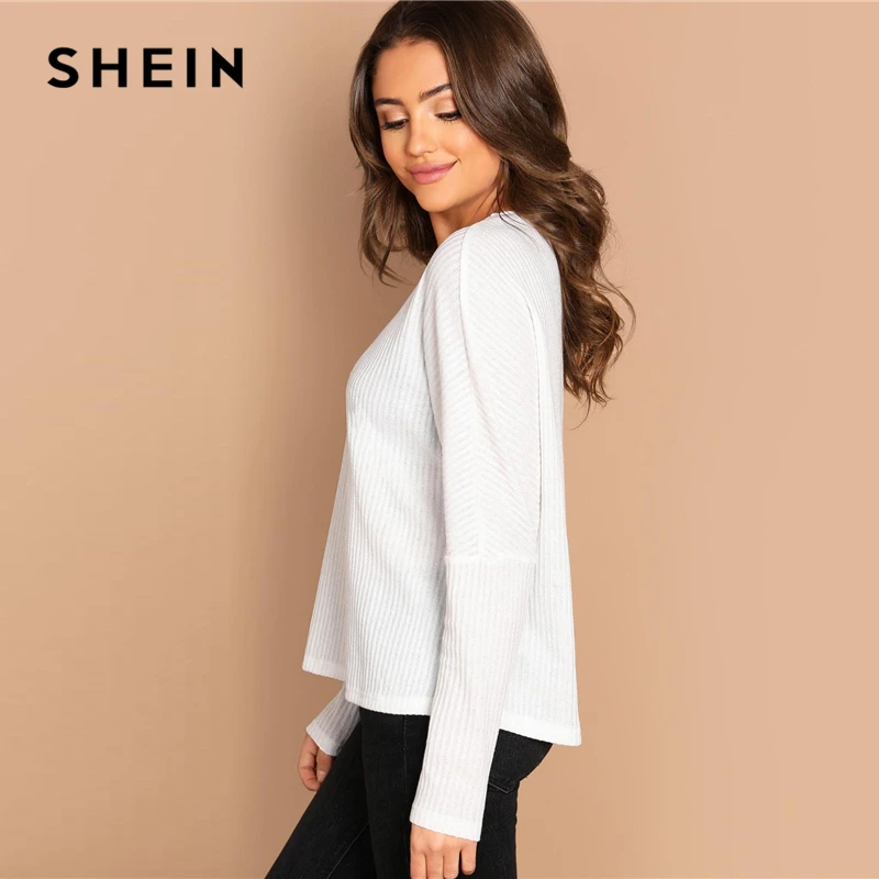 SHEIN Трикотажный Однотонный Топ С Заниженной Линией Плеч Женский Весенний Повседневный Топ С Длинными Рукавами