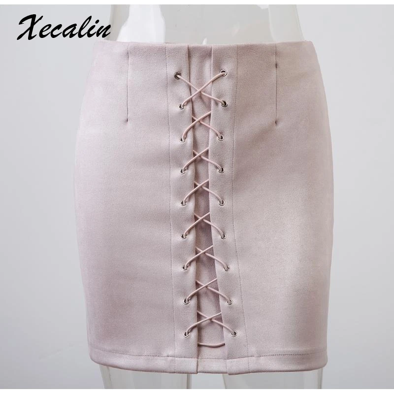 Xecalin замшевые повседневные Облегающие юбки со шнуровкой розовые однотонные