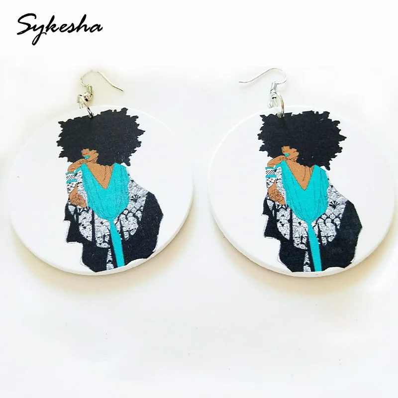 

2019 Wholesale Indian African Women Female Vintage Round Wood Earrings Figures Printed Statement Drop Earring Christmas Gift