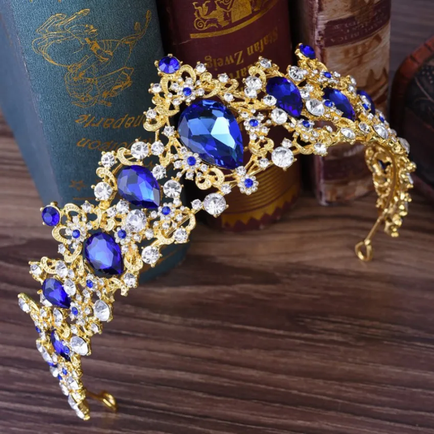 Gold Blue Барокко Винтаж золото Зеленый Синий, Красный Кристалл Свадебная Корона-Тиара театрализованный Вуаль со стразами тиара повязки на голову свадебные аксессуары для волос - Окраска металла: Gold Blue