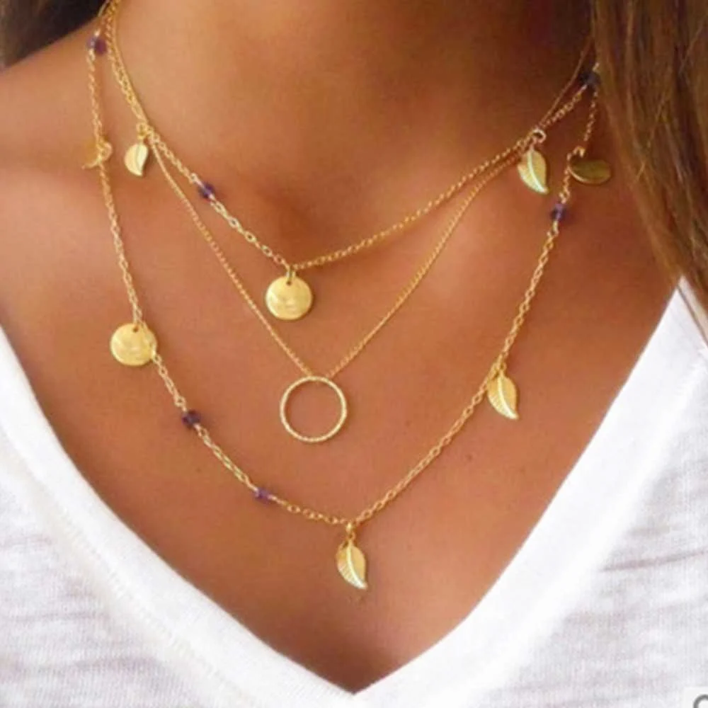 N529 Gold Color Многослойное ожерелье с кулоном в виде Луны, монета, кисточки, Лариат, бар, ожерелье для женщин, винтажное очаровательное колье, ожерелье, массивные ювелирные изделия - Окраска металла: N529 Gold Color
