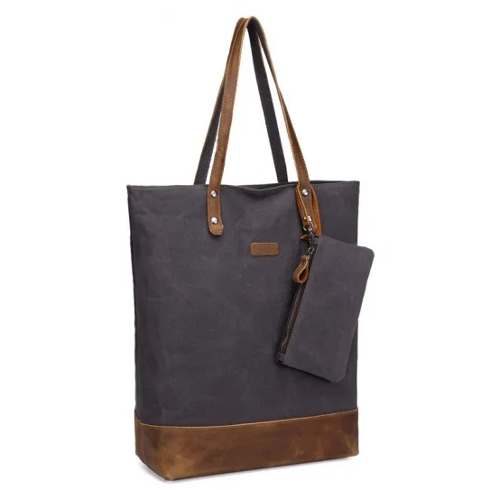 Gray Canvas Leather VASCHY коровья кожа Холщовая Сумка-тоут для женщин водостойкая винтажная большая сумка-тоут для работы сумки на плечо для женщин - Цвет: Gray Canvas Leather