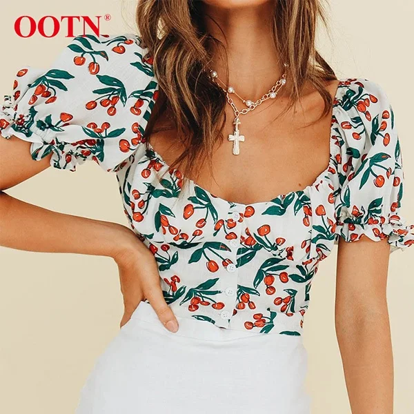White OOTN вишня цветочный принт Лето для женщин рубашка с буфами на рукавах блузка жабо рюшами Топ женский квадратный воротник короткий рукав сексуальный укороченный топ - Цвет: White