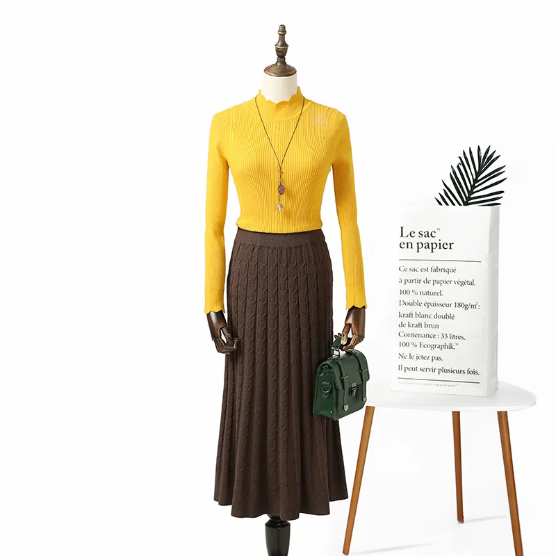 Женская трикотажная длинная юбка зимний теплый свитер полосатые трапециевидные