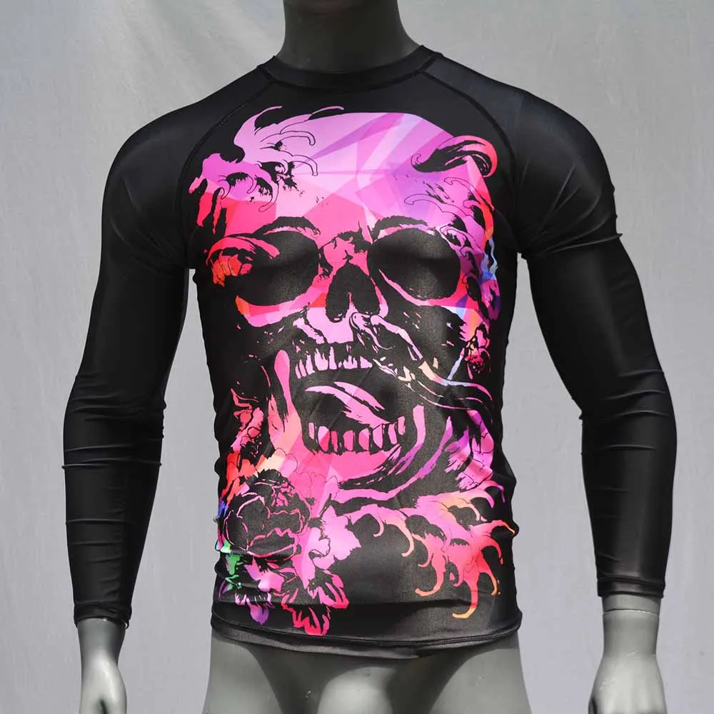 Черный Рашгард с принтом черепа BJJ Jiu Jitsu GI мужские боксео Джерси Муай Тай Camiseta Hombre футболка ММА спортивная рубашка борцовка одежда - Цвет: Черный