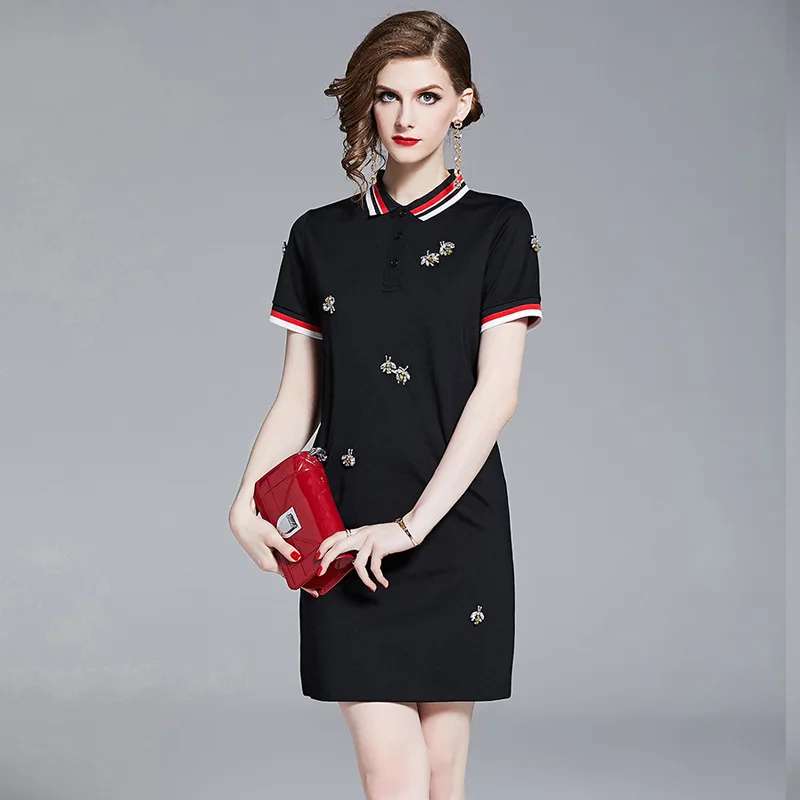 Фото S-XXL spring summer woman dress insect pattern embroidery black above knee short sleeve red collar mini cute Женская одежда S-XXL spring summer woman dress insect pattern embroidery black above knee short sleeve red collar mini cute Женская одежда