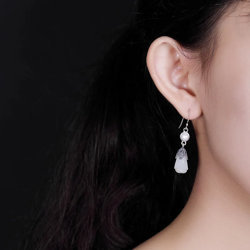Женские серьги-подвески из серебра 100% пробы с нефритом | Украшения и аксессуары