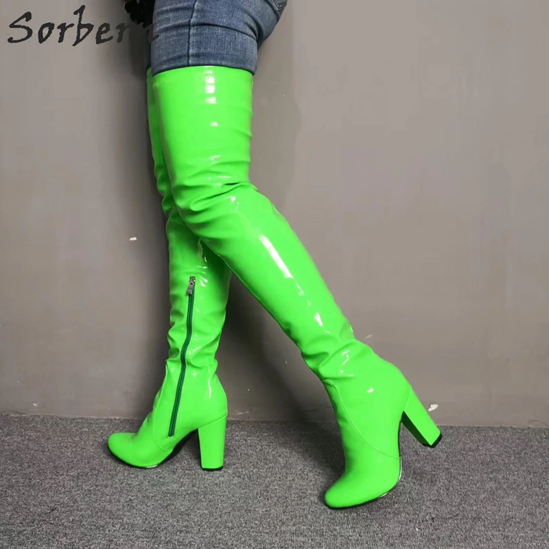 Sorbern Neon Green/женские облегающие высокие сапоги на блочном каблуке; Модные женские облегающие расклешённые сапоги