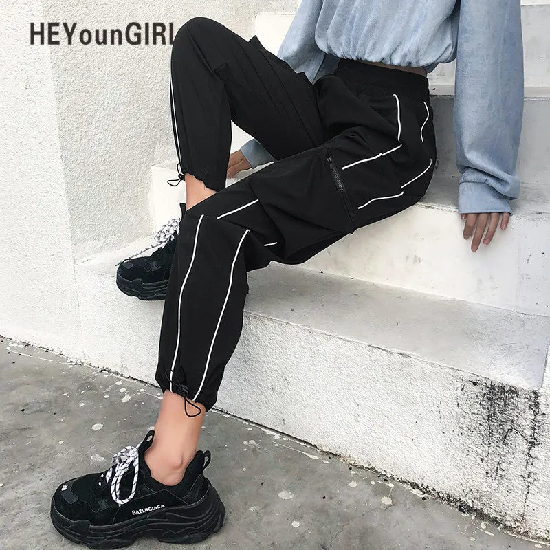 HEYounGIRL Harajuku, повседневные черные брюки-карго, женские полосатые эластичные брюки с высокой талией, Капри, уличная одежда, корейские спортивные штаны для бега
