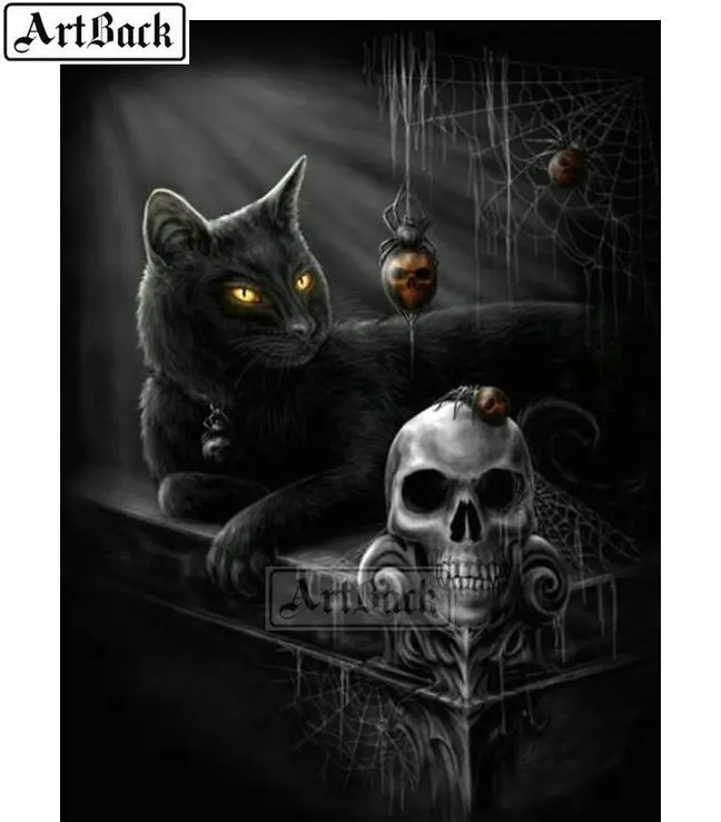 Полноформатная/круглая 5D алмазная живопись Череп черная кошка вышивка 3d Стразы
