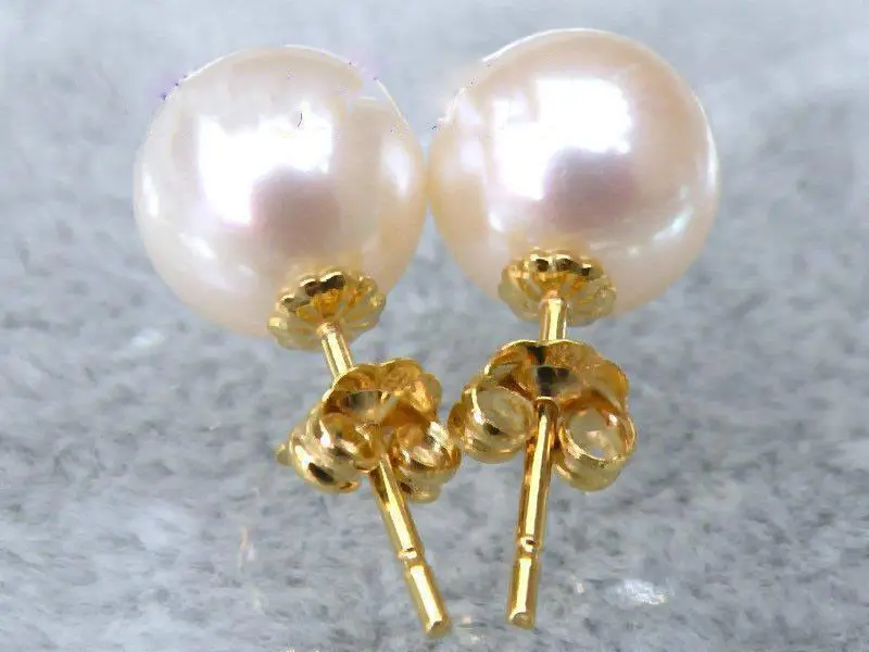 Чрезвычайно Роскошные 7 8 мм AAA +++ круглые белые жемчужные серьги akoya 14k желтое