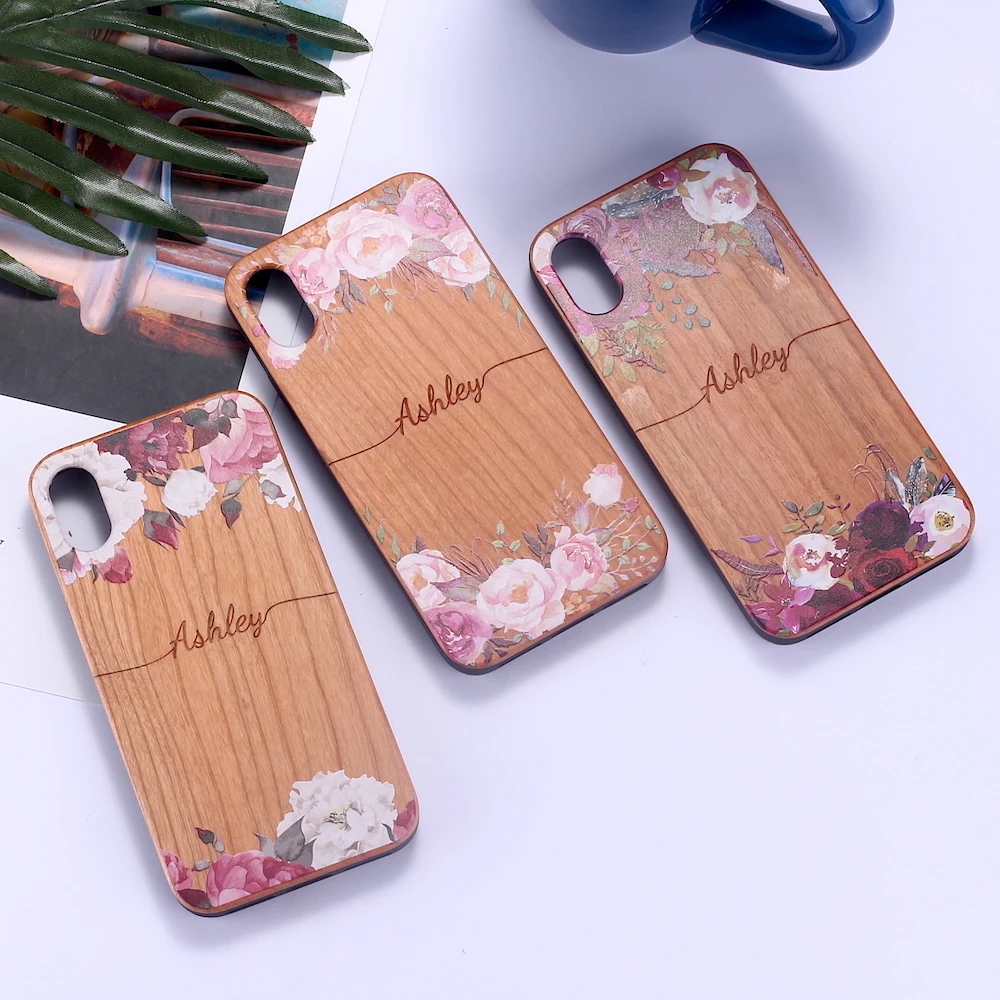 

Custom Personalised Vintage Cherry Wood Floral Flower Border your Name Phone Case For iPhone 12 11 Pro XS Max XR X 7Plus 8Plus