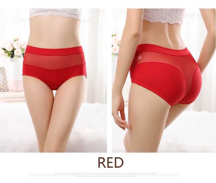 Red Стиль, пуш-ап, для девушек, хлопок, высокая талия, бедра, сексуальные трусики, высокая эластичность, размера плюс, сетка, кружево, треугольное нижнее белье для женщин - Цвет: Red