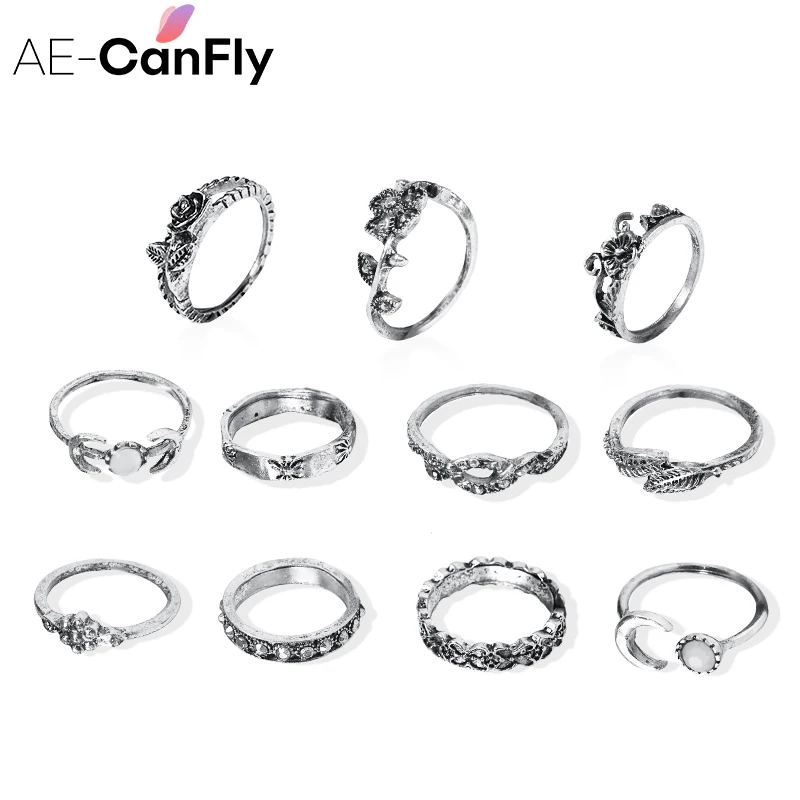 AE-CANFLY11pcs/набор колец для женщин в винтажном стиле с цветочным принтом Луна Звезды