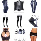 Сексуальное женское нижнее белье, юбка из искусственной кожи с открытыми ягодицами, кожаные носки, БДСМ сумка для бондажа, эротическое трико, костюм, секс-игрушка