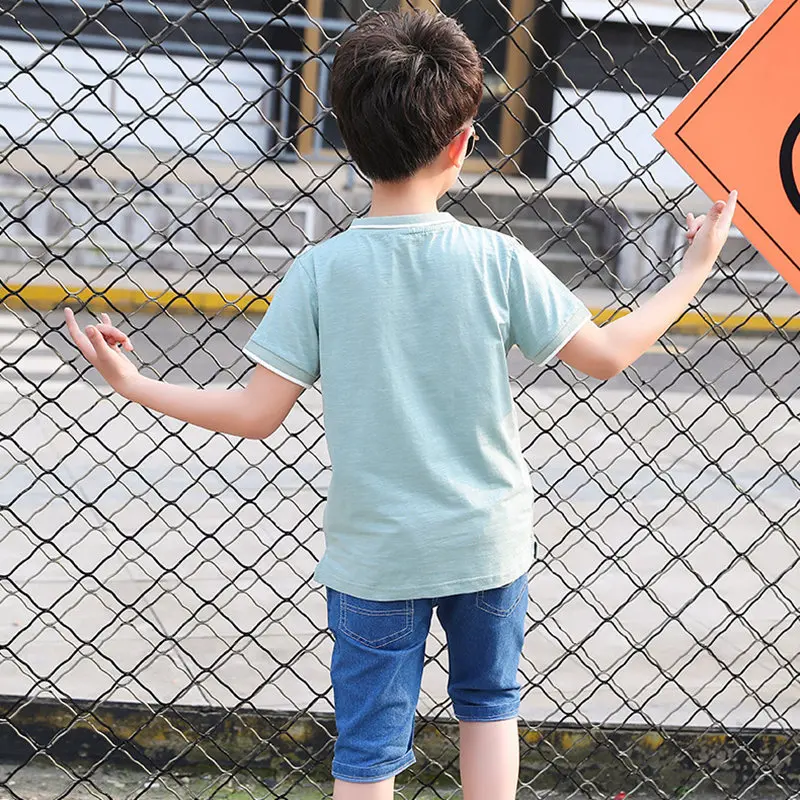 Fashion Summer Clothes for Kids Sollid Turn-down Collar Shirts + Blue Denim Shorts Teenage School Boys Sport Suit Purple/Green |