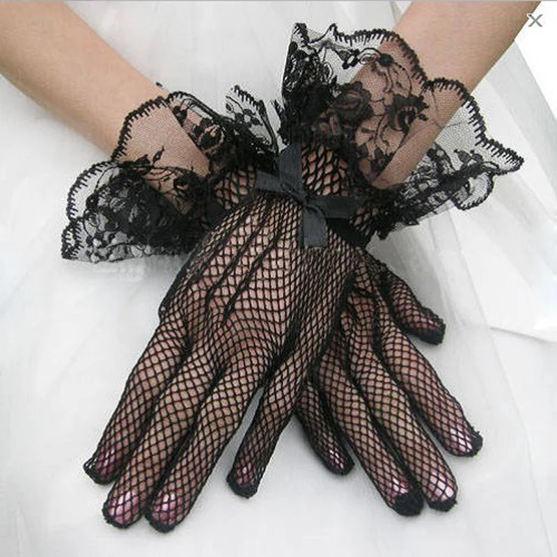 

1 Pair Hot Sale Black White Color Lace Fishnet Gloves Lace Gloves Fingered Gloves For Party mujer Women Lace Fishnet Gloves