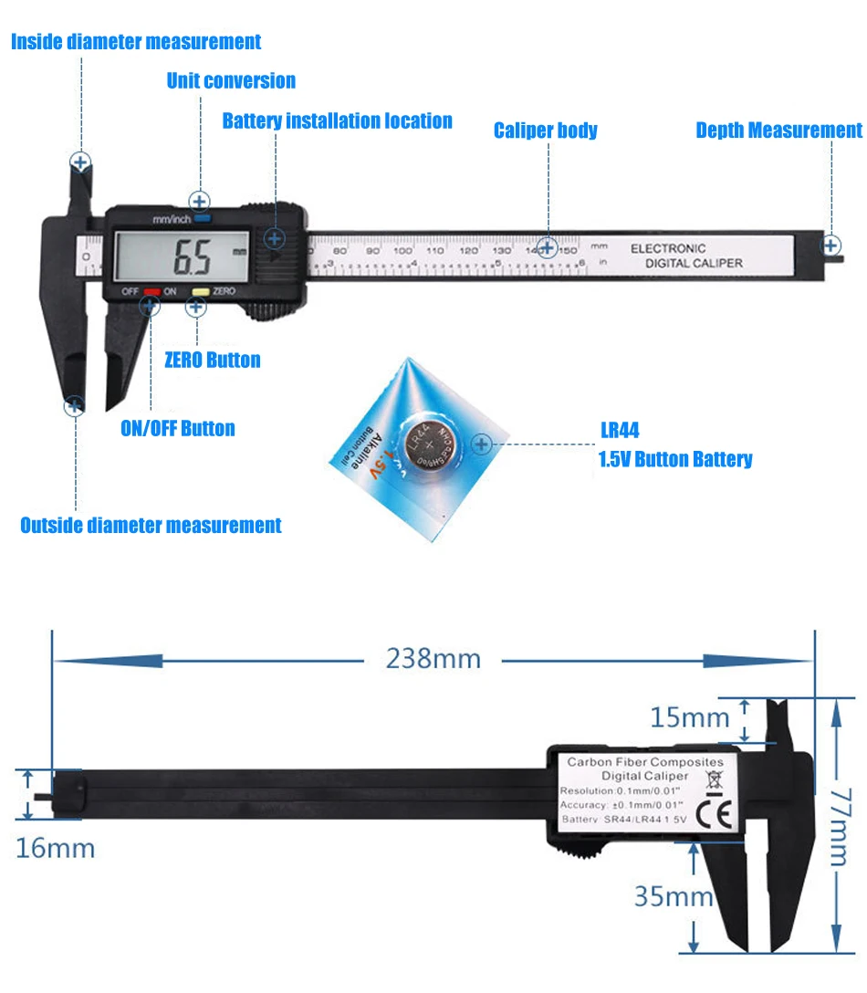 WIRLDLIGHT 150 мм пластиковый цифровой Электронный штангенциркуль 6 дюймов HD штангенциркуль из углеродного волокна микрометр