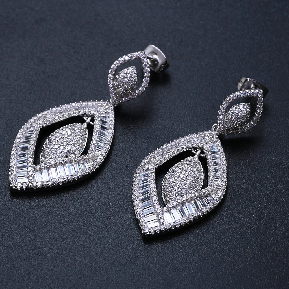 

New trendying style Beautiful 2 tone plate long earring CZ crystal female party jewelry brass big drop earrings for women