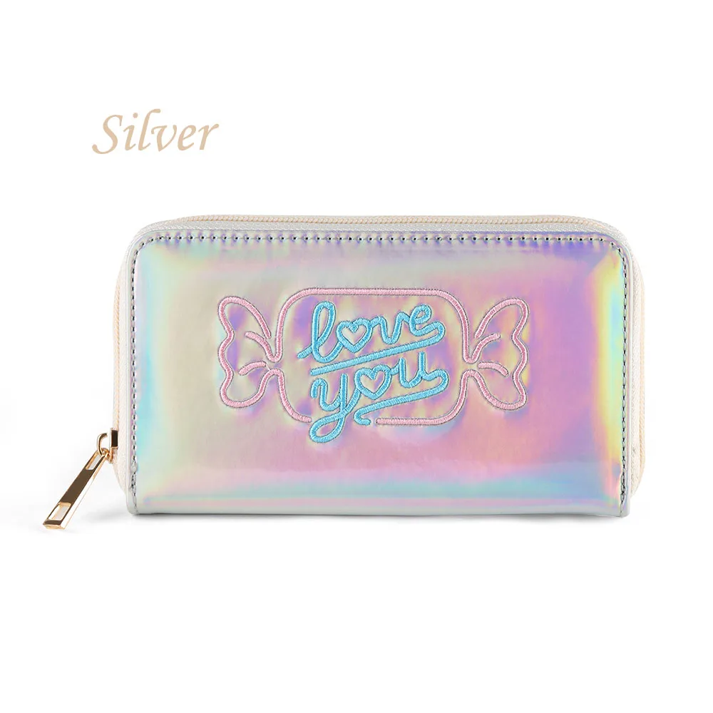 silver Bentoy вышивка конфеты Женский Длинный кошелек-клатч голограмма кожаный кошелек с молнией женский металлический кошелек Органайзер держатель для банковских карт - Цвет: silver