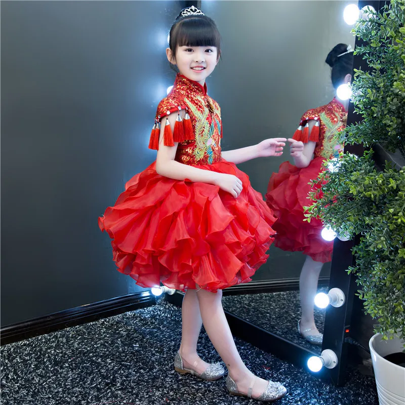 Красные платья принцессы Qipao для девочек Модное детское китайское платье
