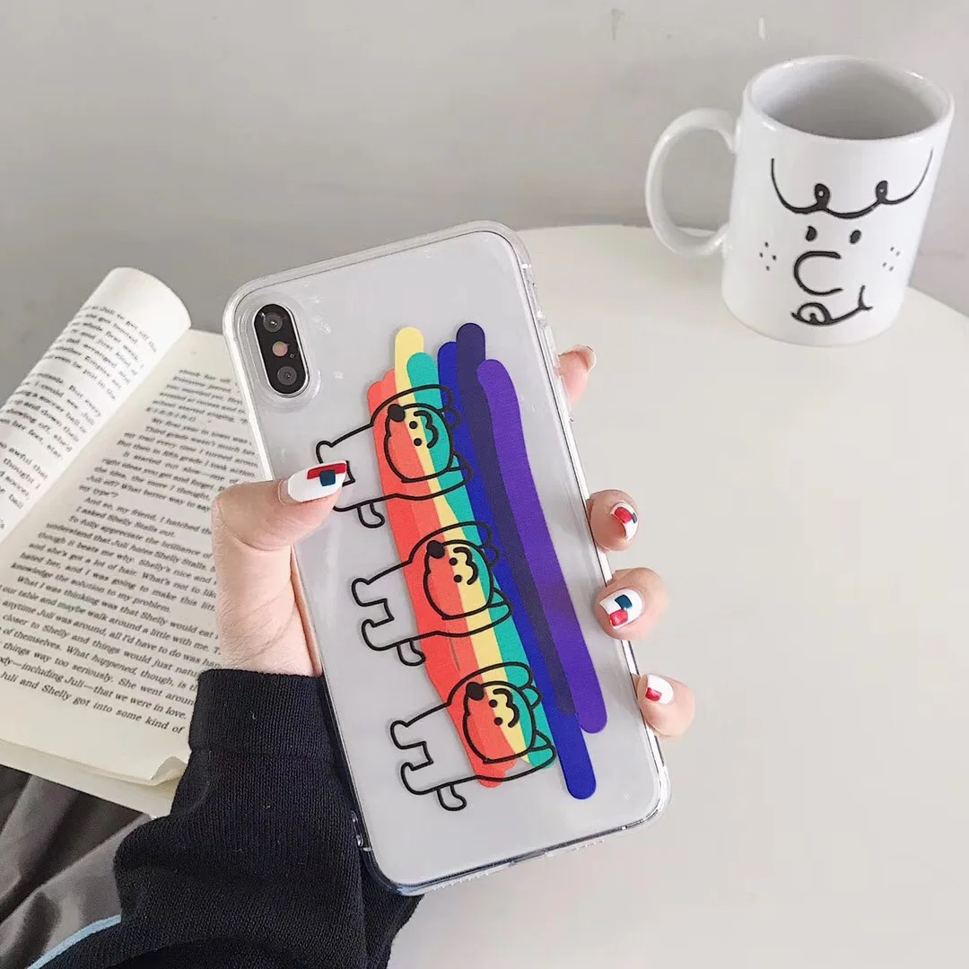 INS Korea Care Bear Rainbow Hot Dog Cute Cartoon Case For Apple iPhone X XS Max Xr 8 7 6 s Plus Clear Back TPU Phone Cover |