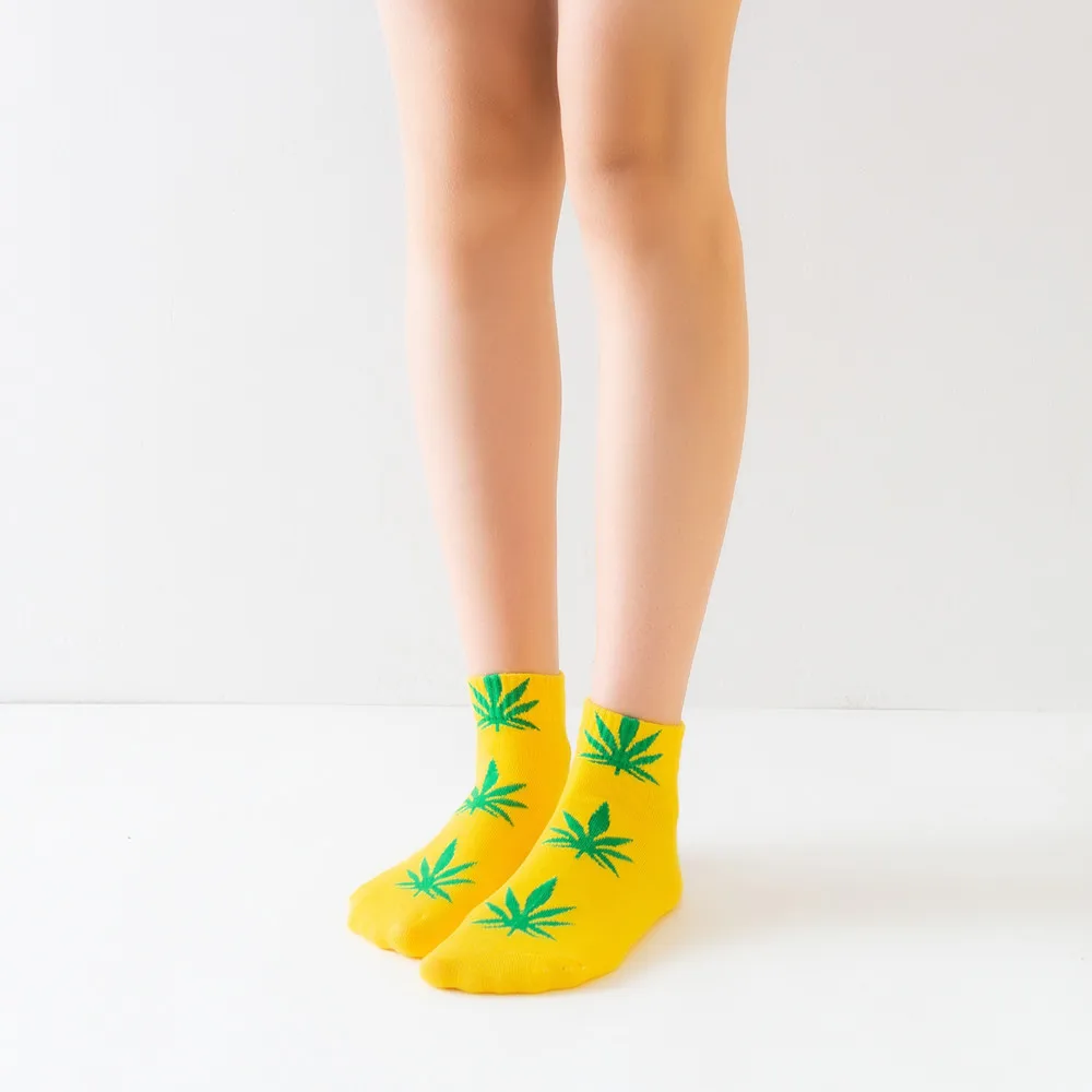 Moda Socmark Summer Women Men's Funny Ankle Socks Hemp Meias Long Happy Maple Leaf sokken Cotton Weed Grass White Black Socken