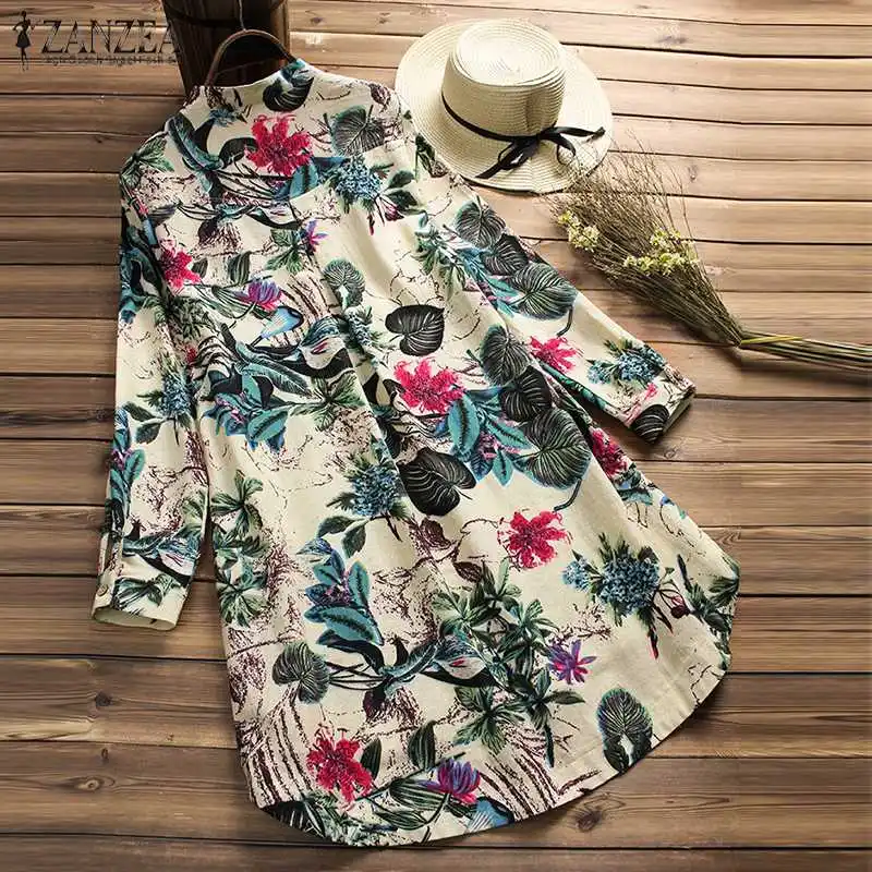 Рубашка размера плюс, Vestidos, Женская Цветочная блузка, ZANZEA, женские повседневные рубашки на пуговицах, винтажные Цветочные блузы, богемные топы, сорочка