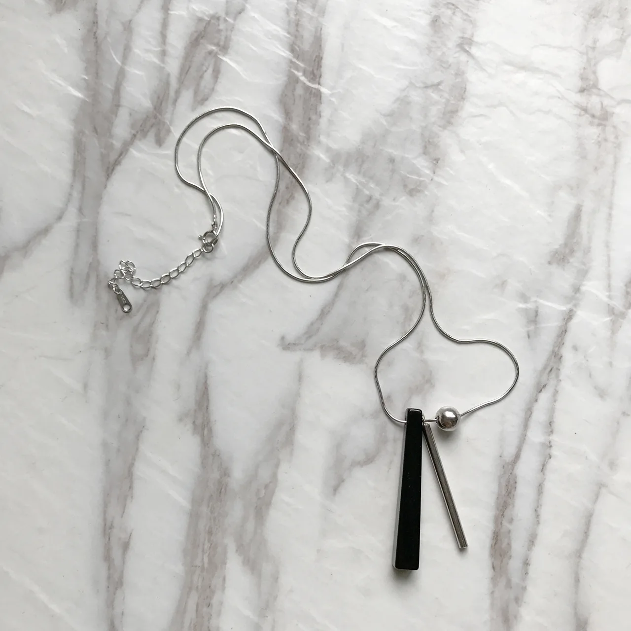 Spanish Designer 925 Sterling Silver Necklace Rectangular Column Black Stone Chain Pendant |