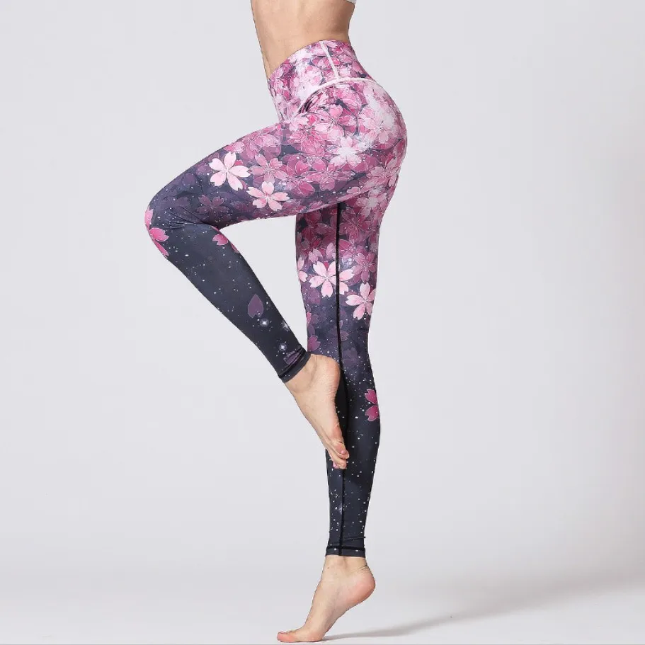 Sakura Purple Long Женские штаны для йоги с высокой талией, для фитнеса, пуш-ап, трико, для спортзала, с цветами, спортивные Леггинсы, с принтом, для контроля живота, для пробежек - Цвет: Sakura Purple Long