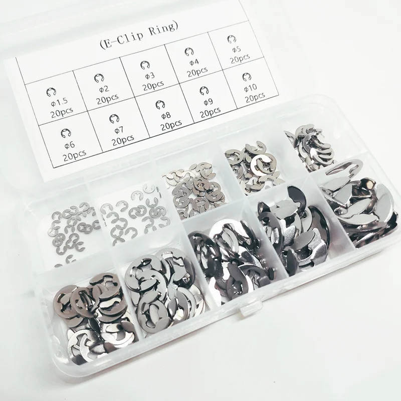 

200 шт./компл. 304 нержавеющая сталь E-образный зажим комплект шайб в ассортименте стопорное кольцо для крепления вала M1.5-M10