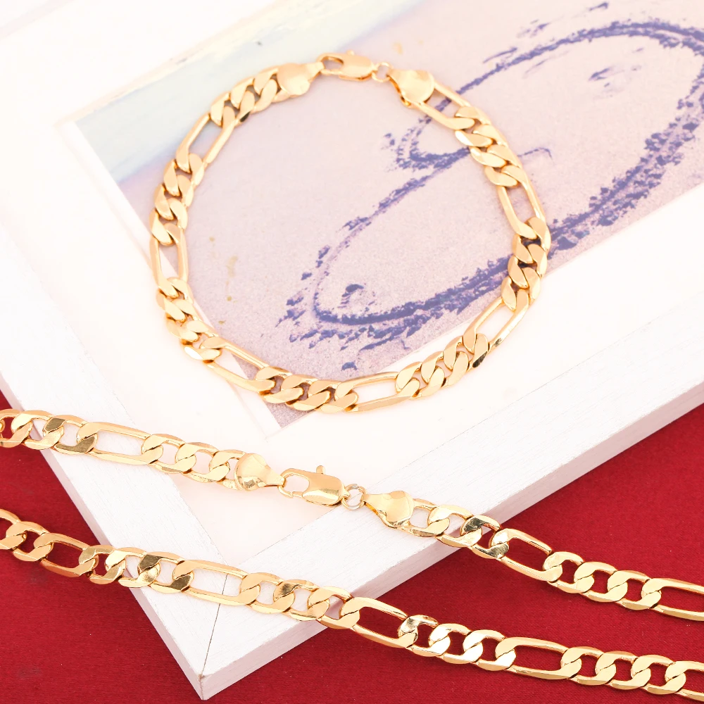 Hot Fashion Gold Color Jewelry Men Necklace Set Wholesale Trendy Figaro Chain Bracelet | Sets