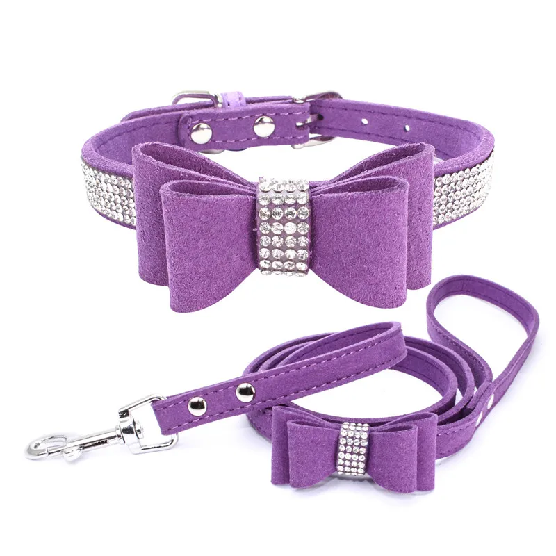 Adjustable Puppy Pet Dog Collar Leash Soft Shining Diamond Bowknot Dog Rope Small Medium Dogs Collars Walking Leashes