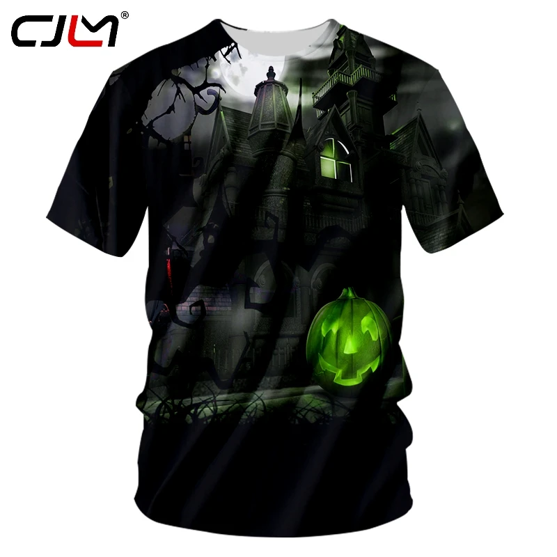 

Новинка, модная брендовая мужская футболка CJLM большого размера на Хэллоуин с круглым вырезом, футболка с 3D-принтом тыквы и замка, мужская од...