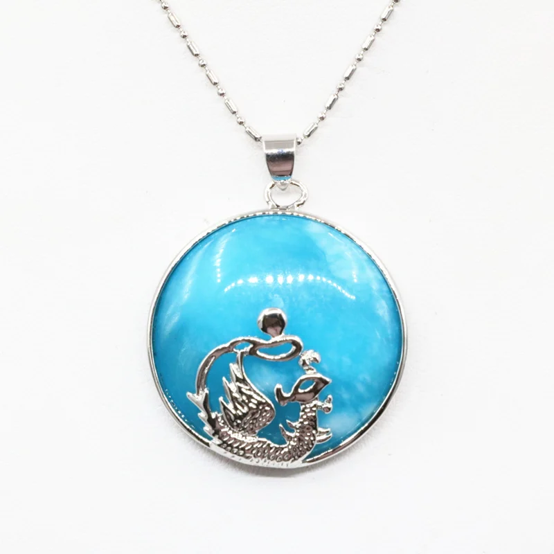 32 мм синяя цепочка подвеска из камня ожерелье нержавеющей стали плоский круглый