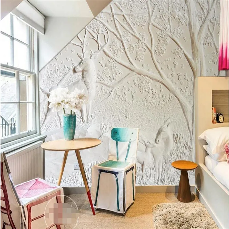 wallpaper-3D White relief wall deer tree Recreation elegant living room pictures mural murals-3d papers home decor | Обустройство