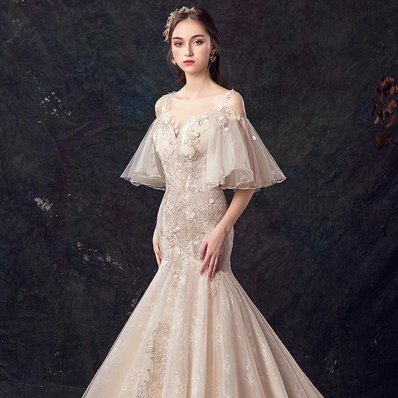 Кружевное платье SSYfashion длина до пола с рукавами-фонариками на шнурках | Свадьбы и