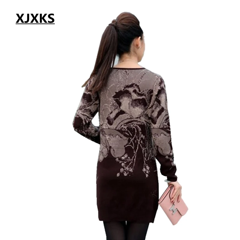 XJXKS 2022 New Women Wool Sweater Knit Middle-aged Mother Dress Autumn And Winter Plus Size Thickening Long With Scarf | Женская одежда