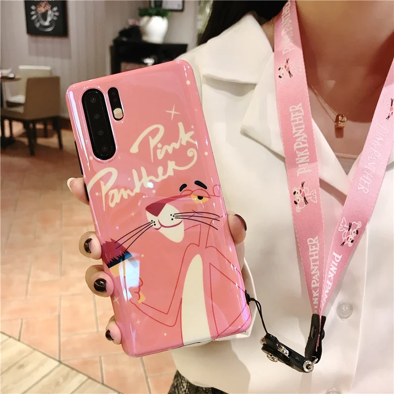 For Huawei P30 pro cute pink panther Soft back phone Cover for P20 mate 20 20X nova4 nova3i V20 Blue Ray cover +Strap |